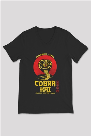 Cobra Kai Baskılı Unisex Siyah V Yaka Tişört - Tshirt