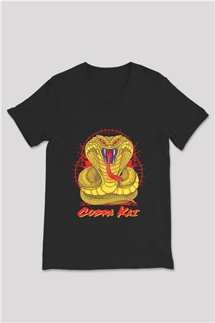 Cobra Kai Baskılı Unisex Siyah V Yaka Tişört - Tshirt