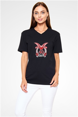 Cock Sparrer Baskılı Unisex Siyah V Yaka Tişört