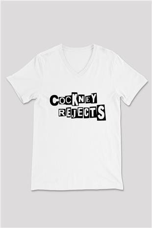 Cockney Rejects Baskılı Beyaz Unisex V Yaka Tişört - Tshirt