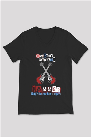 Cockney Rejects Baskılı Unisex Siyah V Yaka Tişört - Tshirt