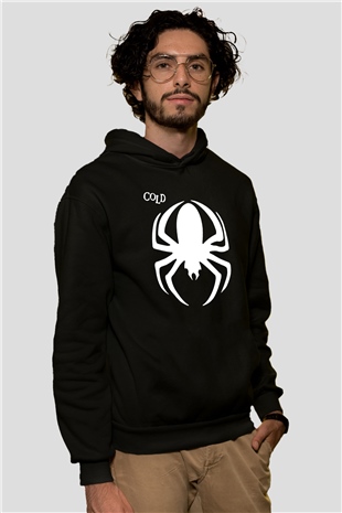 Cold Baskılı Unisex Siyah Kapüşonlu Sweatshirt
