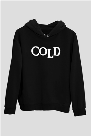 Cold Baskılı Unisex Siyah Kapüşonlu Sweatshirt