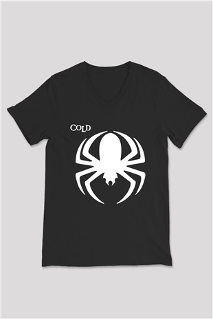 Cold Baskılı Unisex Siyah V Yaka Tişört - Tshirt