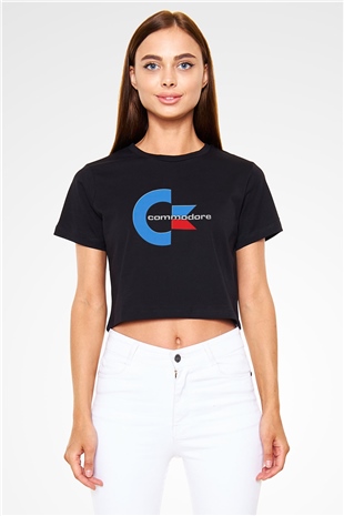 Commodore 64 Baskılı Siyah Crop Top Kadın Tişört - Tshirt