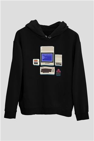 Commodore 64 Baskılı Unisex Siyah Kapüşonlu Sweatshirt