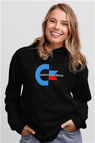 Commodore 64 Baskılı Unisex Siyah Kapüşonlu Sweatshirt