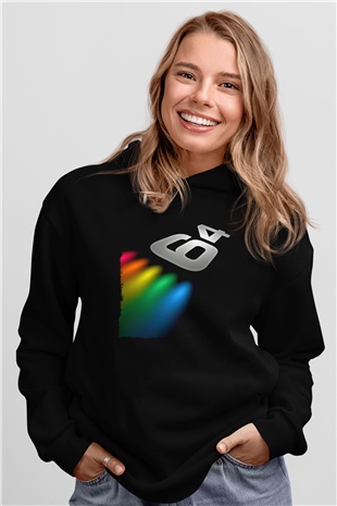 Commodore 64 Baskılı Unisex Siyah Kapüşonlu Sweatshirt