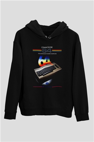 Commodore 64 Baskılı Unisex Siyah Kapüşonlu Sweatshirt