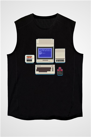 Commodore 64 Baskılı Unisex Siyah Kolsuz Tişört - Tshirt