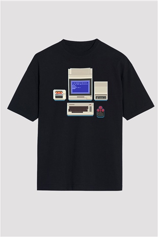 Commodore 64 Baskılı Unisex Siyah Oversize Tişört - Tshirt