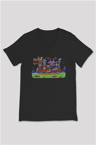 Commodore 64 Baskılı Unisex Siyah V Yaka Tişört - Tshirt