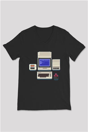 Commodore 64 Baskılı Unisex Siyah V Yaka Tişört - Tshirt