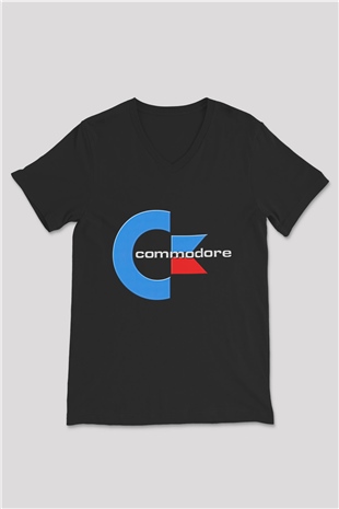 Commodore 64 Baskılı Unisex Siyah V Yaka Tişört - Tshirt