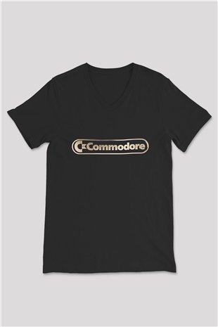 Commodore 64 Baskılı Unisex Siyah V Yaka Tişört - Tshirt