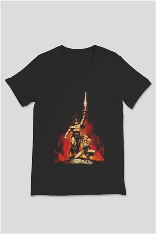 Conan the Barbarian Siyah Unisex V Yaka Tişört