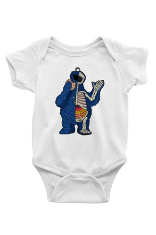 Cookie Monster Baskılı Unisex Beyaz Bebek Body - Zıbın
