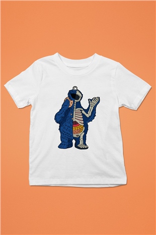 Cookie Monster Baskılı Unisex Beyaz Çocuk Tişört