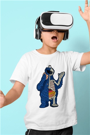 Cookie Monster Baskılı Unisex Beyaz Çocuk Tişört