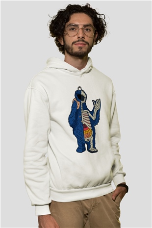 Cookie Monster Baskılı Unisex Beyaz Hoodie