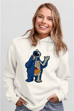 Cookie Monster Baskılı Unisex Beyaz Hoodie