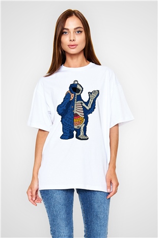 Cookie Monster Baskılı Unisex Beyaz Oversize Tişört