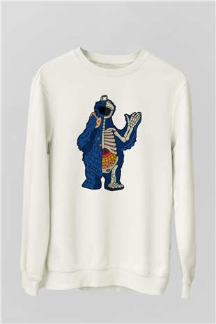 Cookie Monster Baskılı Unisex Beyaz Sweatshirt