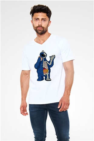 Cookie Monster Baskılı Unisex Beyaz V Yaka Tişört