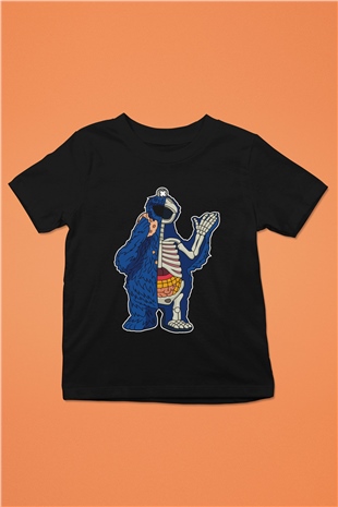 Cookie Monster Baskılı Unisex Siyah Çocuk Tişört