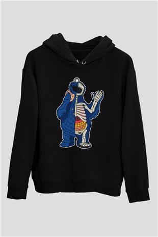 Cookie Monster Baskılı Unisex Siyah Hoodie