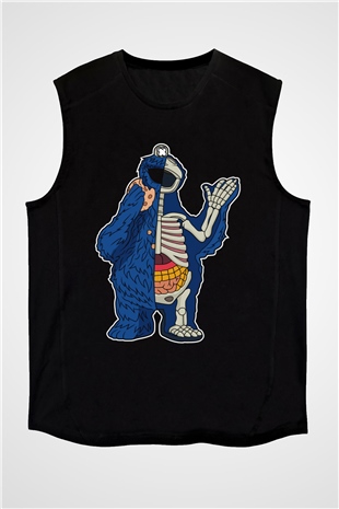 Cookie Monster Baskılı Unisex Siyah Kolsuz Tişört