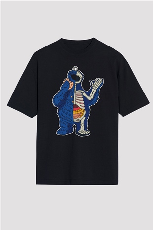 Cookie Monster Baskılı Unisex Siyah Oversize Tişört