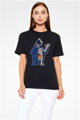 Cookie Monster Baskılı Unisex Siyah Tişört