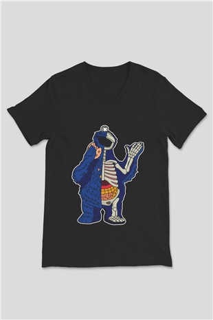 Cookie Monster Baskılı Unisex Siyah V Yaka Tişört