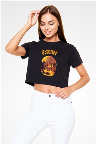 Coroner Baskılı Unisex Siyah Crop Top Tişört
