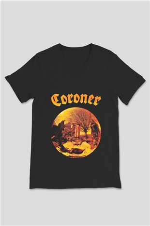 Coroner Baskılı Unisex Siyah V Yaka Tişört
