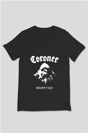 Coroner Baskılı Unisex Siyah V Yaka Tişört