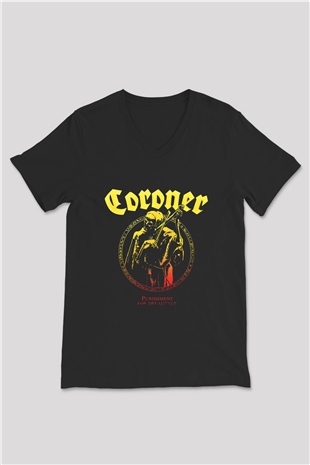 Coroner Baskılı Unisex Siyah V Yaka Tişört