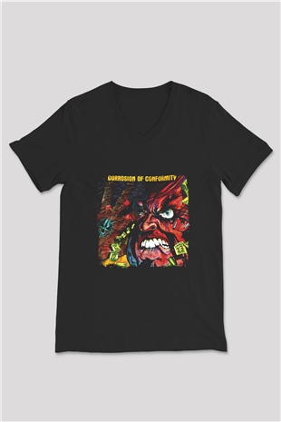 Corrosion of Conformity Baskılı Unisex Siyah V Yaka Tişört