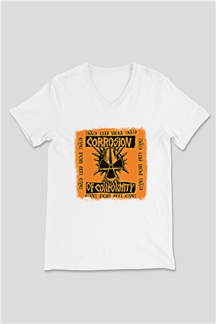 Corrosion of Conformity Baskılı Unisex Beyaz V Yaka Tişört