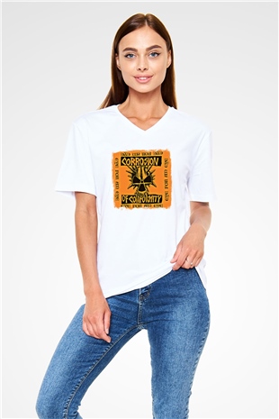 Corrosion of Conformity Baskılı Unisex Beyaz V Yaka Tişört