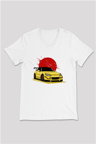 Corvette Baskılı Unisex Beyaz  V Yaka Tişört