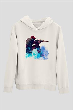 Counter Strike Baskılı Beyaz Unisex Kapüşonlu Sweatshirt