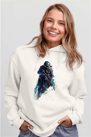 Counter Strike Baskılı Beyaz Unisex Kapüşonlu Sweatshirt