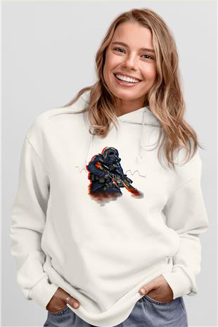 Counter Strike Baskılı Beyaz Unisex Kapüşonlu Sweatshirt