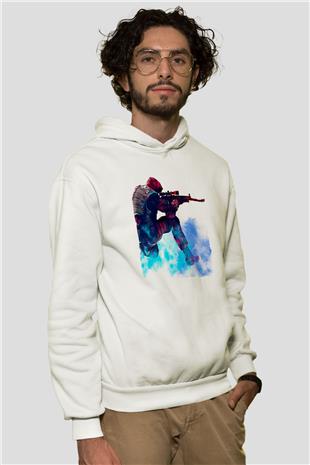 Counter Strike Baskılı Beyaz Unisex Kapüşonlu Sweatshirt
