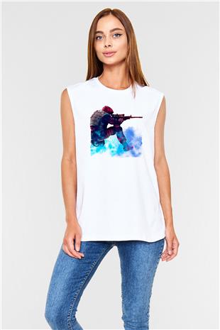 Counter Strike Baskılı Beyaz Unisex Kolsuz Tişört - Tshirt