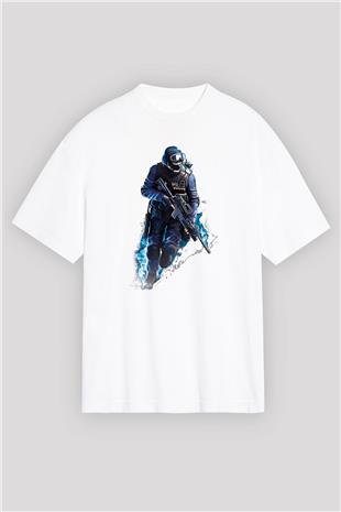 Counter Strike Baskılı Beyaz Unisex Oversize Tişört - Tshirt