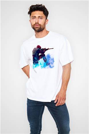 Counter Strike Baskılı Beyaz Unisex Oversize Tişört - Tshirt