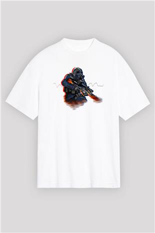 Counter Strike Baskılı Beyaz Unisex Oversize Tişört - Tshirt
